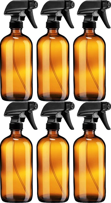 Photo 1 of Empty Amber plastic Spray Bottle - Large 16 oz Refillable Container for Essential Oils, Cleaning Products, or Aromatherapy - Black Trigger Sprayer w/Mist and Stream Settings - 6 Pack