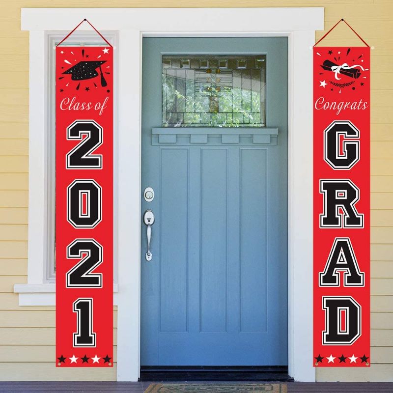 Photo 1 of DAZONGE Class of 2021 Banner for Graduation Party Supplies - Red and Black Graduation Decorations 2021 - Graduation Porch Decor for Any Schools or Grades