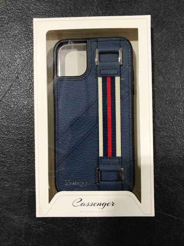 Photo 2 of Cassenger Shock-Absorbing Series Leather Wallet Case with Elastic Hand Strap Compatible with iPhone 11 (2019), Blue
