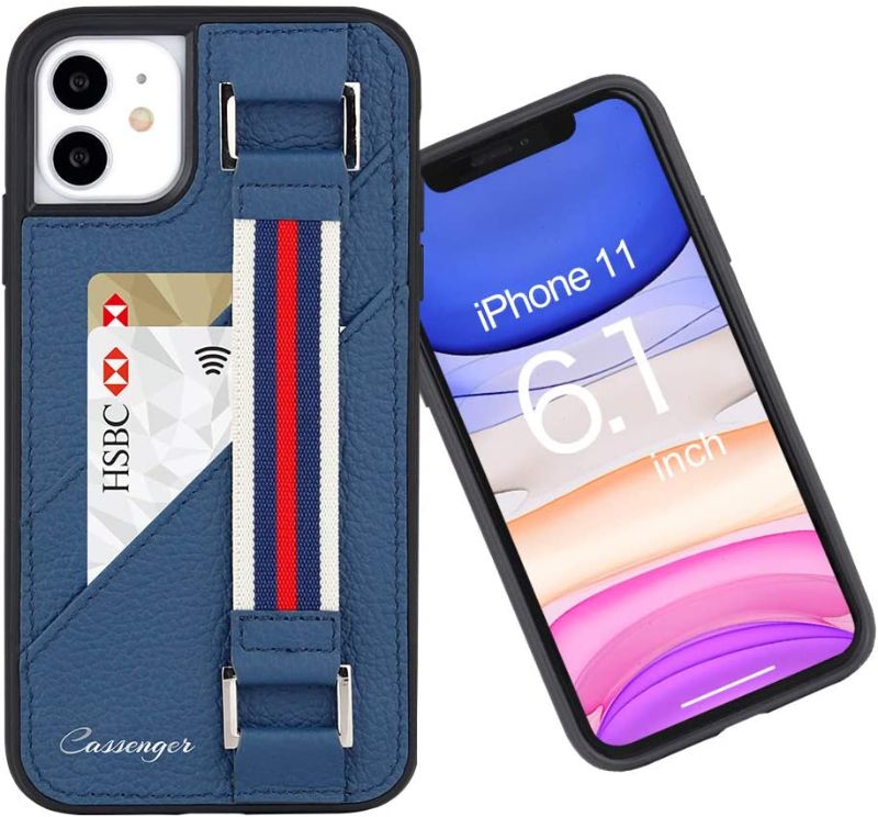 Photo 1 of Cassenger Shock-Absorbing Series Leather Wallet Case with Elastic Hand Strap Compatible with iPhone 11 (2019), Blue
