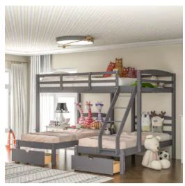 Photo 1 of BOX 1 OF 3 PARTS Full Over Twin & Twin Bunk Bed, Triple Bunk Bed with Drawers, Gray