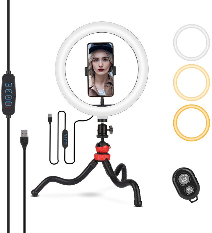 Photo 1 of Gurmoir LED Ring Light 10" with Flexible Tripod & Phone Holder for Live Streaming & YouTube Video, Dimmable Desk Makeup Ring Light for Photography, Shooting with 3 Light Modes 10 Brightness Level D01