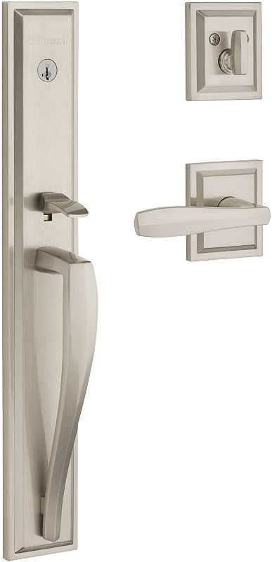 Photo 1 of Baldwin Torrey Pines Single Cylinder Front Door Handleset Featuring SmartKey Security in Satin Nickel, Prestige Series with a Modern Contemporary Slim Door Handleset and Square Lever