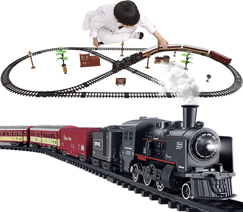 Photo 1 of Electric Classical Train Sets with Steam Locomotive Engine, Cargo Car and Tracks, Battery Operated Play Set Toy w/ Smoke, Light and Sounds, Perfect for Boys & Girls 3 Years and up
