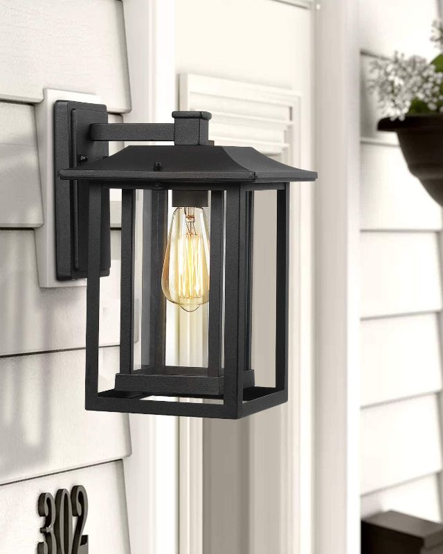 Photo 1 of Beionxii Outdoor Wall Mount Light | Modern Exterior Porch Light Fixture, Sand Textured Black with Clear Glass(9"W x 13.5"H) - A197W-1PK
