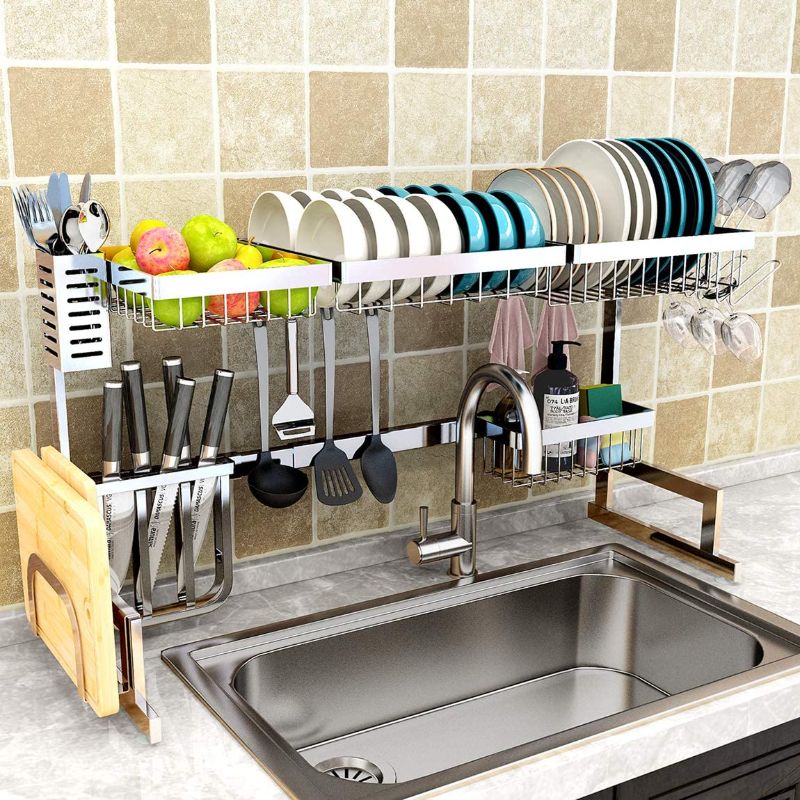 Photo 1 of Dish Drying Rack Over Sink (26"-37.5"), Adjustable Large Dish Drainer for Kitchen Storage Counter Organization, 2 Tier Stainless Steel Over Sink Dish Rack Display (26?Sink Size?37.5inch, Silver)
