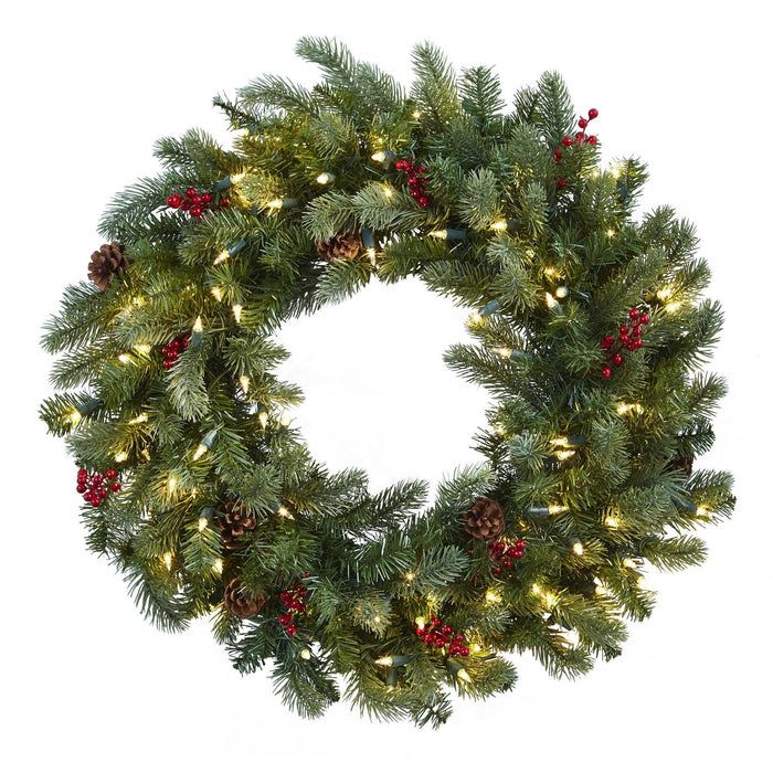 Photo 1 of 30" Lit Pine Wreath w/ Berries & Pinecones by Nearly Natural
