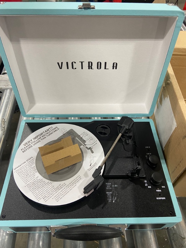 Photo 4 of Victrola Vintage 3-Speed Bluetooth Portable Suitcase Record Player with Built-in Speakers | Upgraded Turntable Audio Sound| Includes Extra Stylus | Aqua Turquoise (VSC-550BT-TU)
