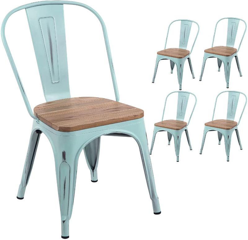 Photo 1 of YOUNIKE Metal Chairs with Wooden Seat Modern Industrial Distressed Indoor Outdoor Metal Kitchen Dining Room Chairs Set of 4 (Dream Blue)
