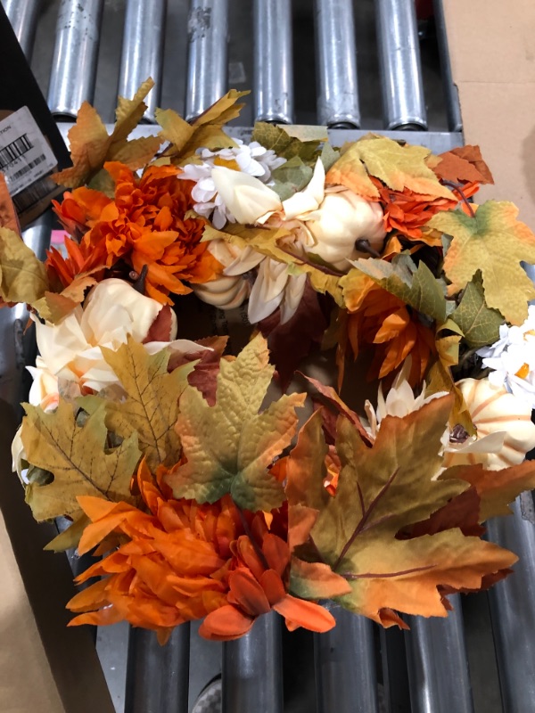 Photo 2 of Autumn Fall Wreath with 20 Lights, 19.7inch Halloween Wreath, with Pumkin, Daisy, Chrysanthemums, Maple Leaves for Christmas Decorations Thanksgiving Gift, Fall Wreath for Halloween Decoration
