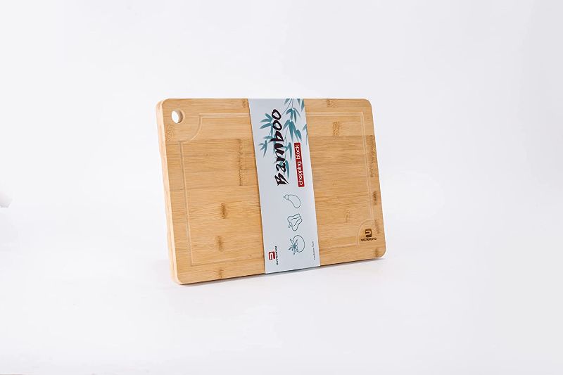 Photo 1 of BJPPEpuyou Bamboo Cutting Board with Juice Groove and Handles Best Kitchen Chopping Board for Meat (Butcher Block) Cheese and Vegetables (Medium-15x10")
