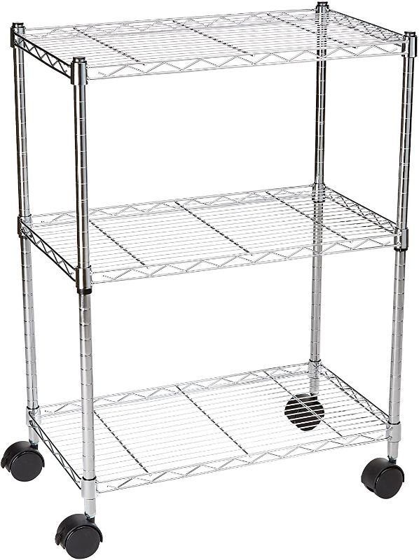 Photo 1 of Amazon Basics 3-Shelf Heavy Duty Shelving Storage Unit on 2" Wheel Casters, Metal Organizer Wire Rack, 23.2"L x 13.4"W x 32.75"H - Chrome
