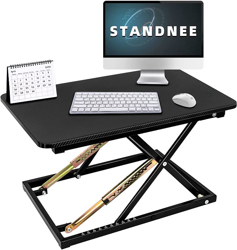 Photo 1 of STANDNEE Standing Desk Converter, Height Adjustable Stand up Desk Riser, Fully Assembled Monitor Laptop Riser Workstation, Sit to Stand Desk for Home Office, Black, Pattern.