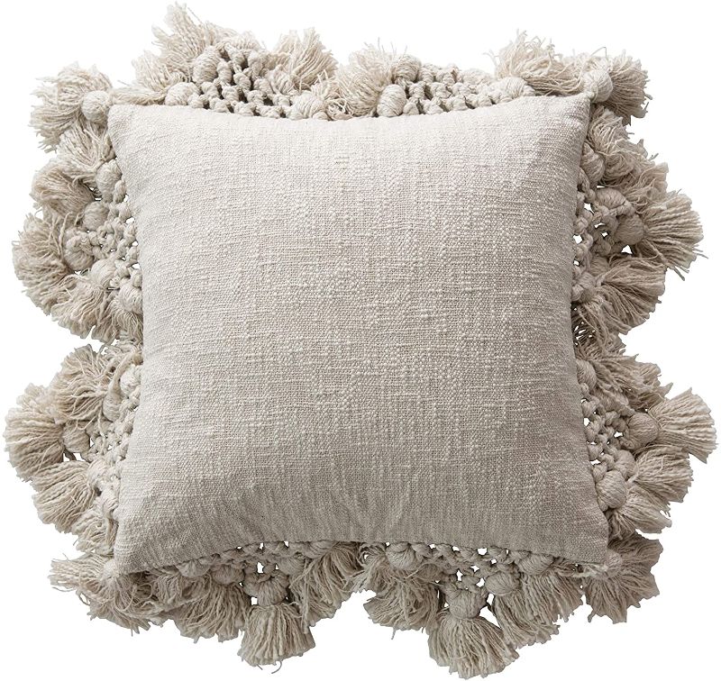 Photo 1 of Creative Co-Op Square Crochet & Tassels Cream Cotton Slub Pillow, 1 Count (Pack of 1)