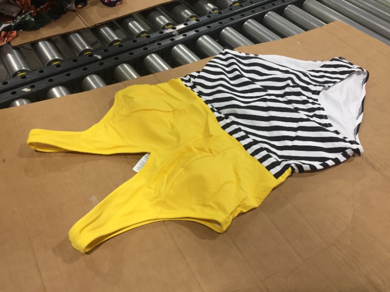 Photo 2 of CUPSHE Women's Yellow V Neck and Striped Bottom One Piece Swimsuit, SIZE M
