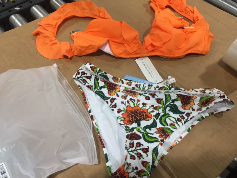 Photo 2 of CUPSHE Orange Ruffle Bikini With Floral Bottom, SIZE M