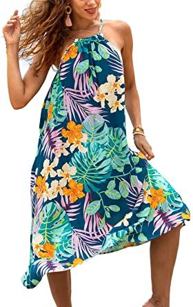 Photo 1 of CUPSHE Women's Floral Spaghetti Straps Sleeveless Drawstring Loose Waist Mid Calf Dress, SIZE M