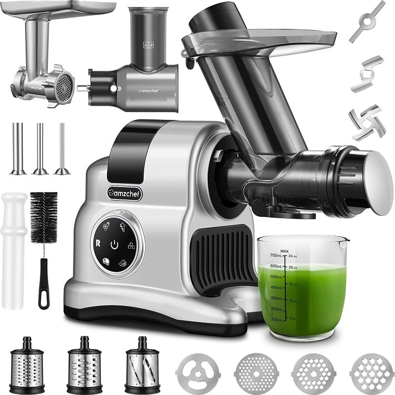 Photo 1 of Cold Press Juicer Machines, AMZCHEF 5 in 1 Slow Masticating Juicer with Slicer /Shredder Attachment, Juice and Vegetable Extractor with Meat Grinder, Snow Cone Maker Function for Home and Party (Multi-Accessories, RED), COLOR DIFFERS FROM STOCK
