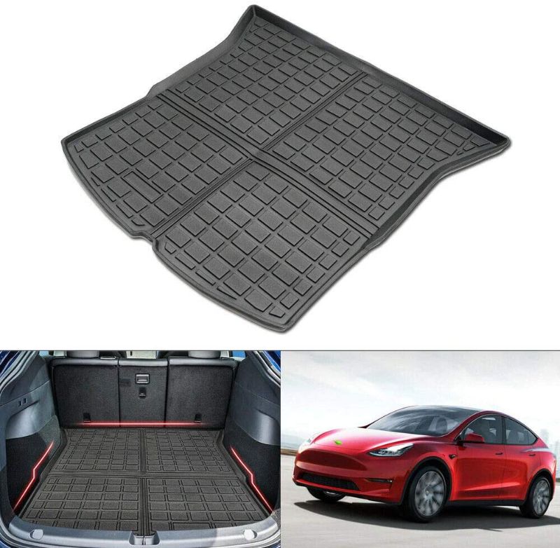 Photo 1 of Aiqiying Cargo Liners?Black Heavy Duty Rubber Waterproof Rear Cargo Tray Trunk Floor Mat Protector Compatible with Tesla Model Y 2020 2021