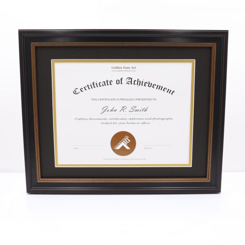 Photo 1 of 11x14 Black Polystyrene 1 1/2" Diploma Frame for 8.5x11 Picture and Tricom Black/ Old Gold Mat, PACK OF 2