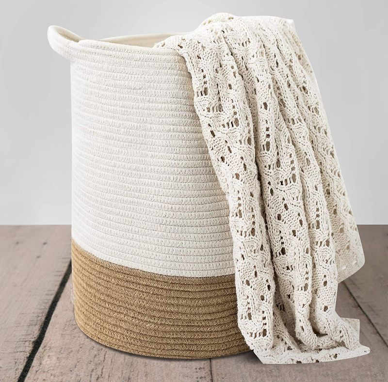 Photo 1 of CHLOÉ + KAI Woven Storage Basket (18” x 15.5”) for Nursery, Laundry, Living Room. Pillows, Toys, Plant Pot, Blanket Basket – Coiled Large Cotton Rope Basket with Handle
