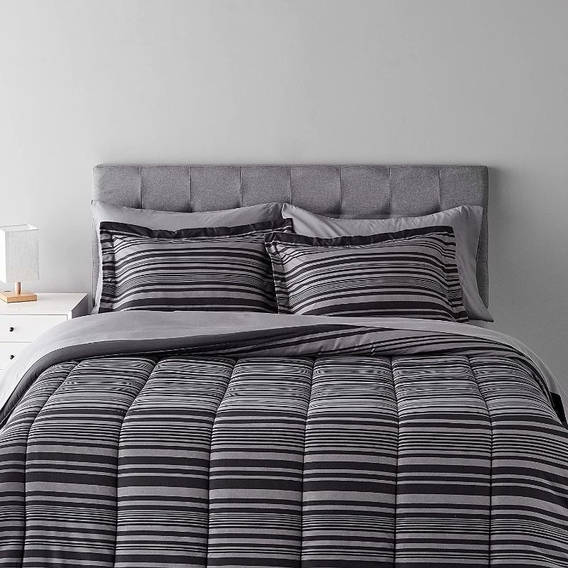 Photo 1 of Amazon Basics 7-Piece Lightweight Microfiber Bed-in-a-Bag Comforter Bedding Set - Full/Queen, Gray Calvin Stripe
