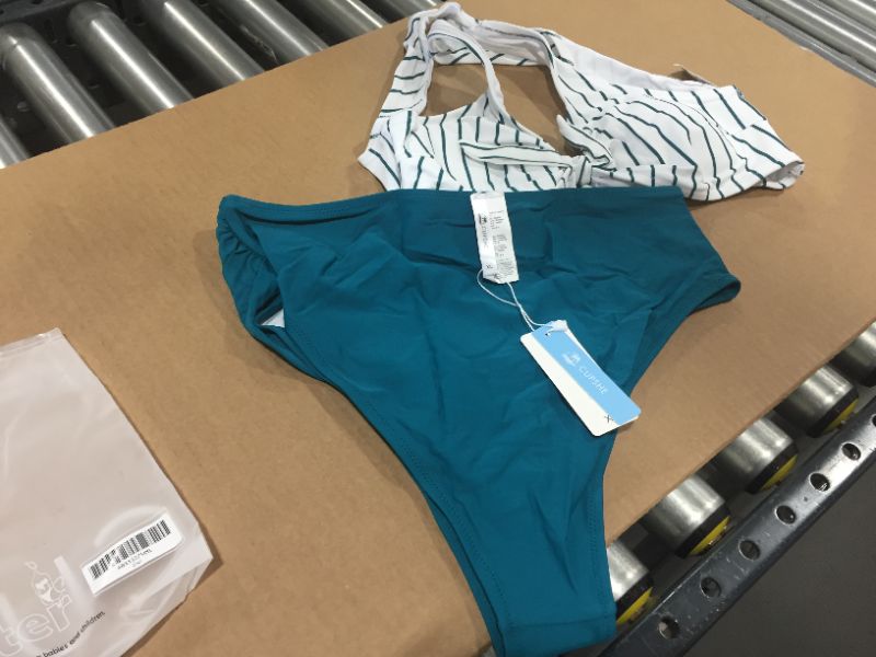 Photo 2 of CUPSHE Teal Solid And Striped High Waisted Bikini, SIZE XL