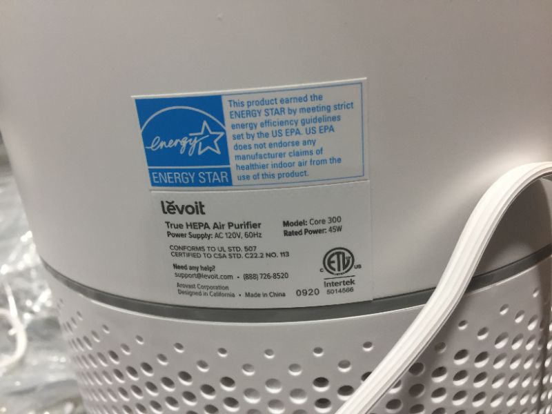 Photo 2 of LEVOIT Air Purifier for Home Allergies Pets Hair in Bedroom, H13 True HEPA Filter, 24db Filtration System Cleaner Odor Eliminators, Ozone Free, Remove 99.97% Dust Smoke Mold Pollen, Core 300, White
