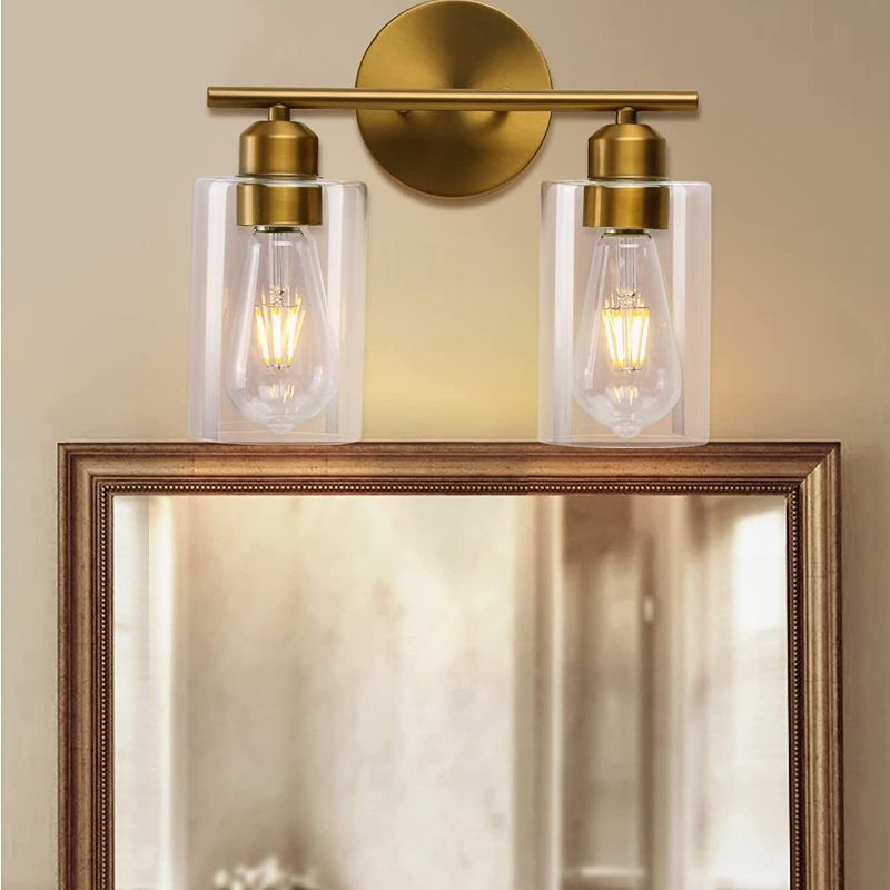 Photo 1 of Bosomfr 2 Light Wall Vanity Light Fixture, Bathroom Light Fixtures Brass Plating , Modern Wall Sconce Lighting with Clear Glass Shade for Living Room Hallway Kitchen Mirror Bedroom Workshop(E26 Base)

