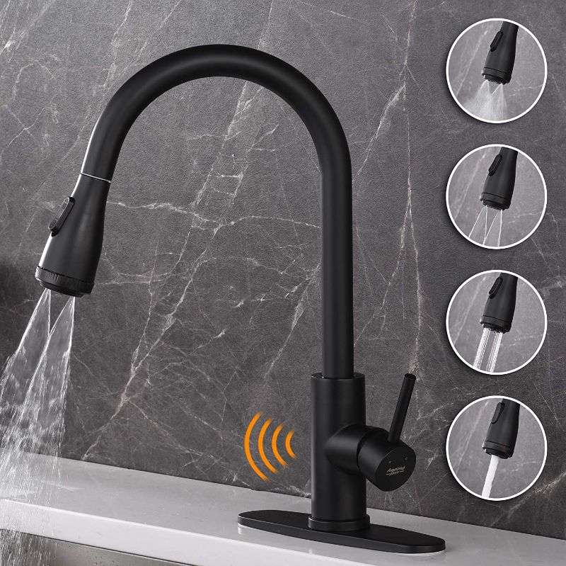 Photo 1 of AMAZING FORCE Touchless Kitchen Faucet Single Handle with 4 Modes Pull Down Sprayer, Automatic Motion Sensor Kitchen Sink Faucet with Fingerprints Resistant, Matte Black 1.8 GPM
