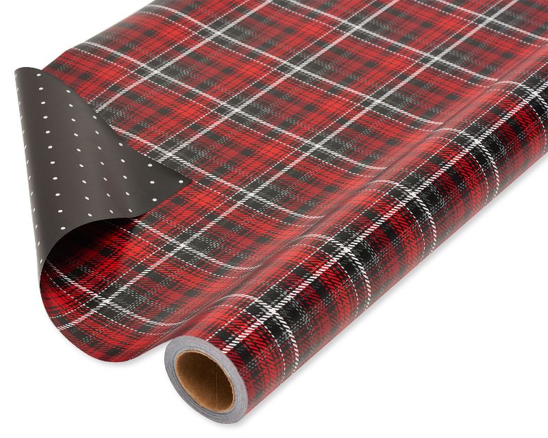 Photo 1 of American Greetings Reversible Wrapping Paper, Red and Black Plaid and Black Polka Dots, 1-Roll, 175 Total Sq. Ft.