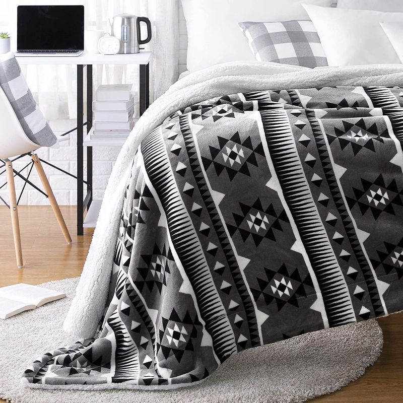 Photo 1 of Amazon Basics Ultra-Soft Micromink Sherpa Blanket - Throw, Grey Aztec Stripe, Size Full