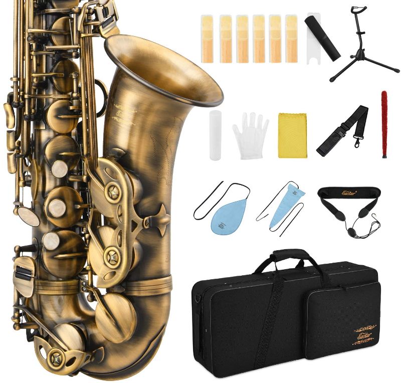 Photo 1 of Eastar Alto Saxophone Antique Finish Bronze Vintage Sax Eb E-flat Student Beginner Full Kit with Carrying Case Mouthpiece Straps Reeds Stand Cork Grease Cleaning Brush, AS-?-Ab