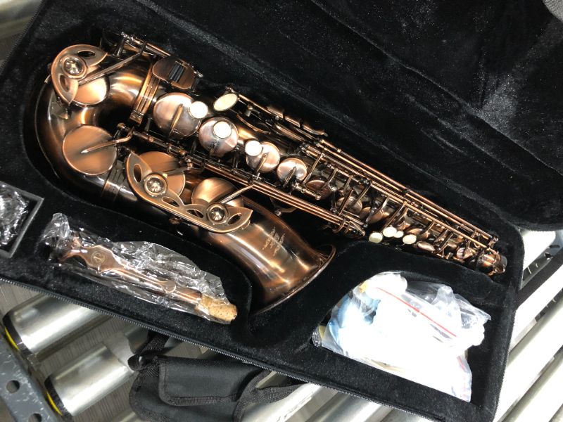 Photo 2 of Eastar Alto Saxophone Antique Finish Bronze Vintage Sax Eb E-flat Student Beginner Full Kit with Carrying Case Mouthpiece Straps Reeds Stand Cork Grease Cleaning Brush, AS-?-Ab