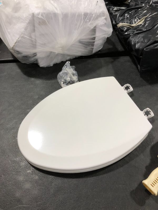 Photo 2 of BEMIS 1500EC 390 Toilet Seat with Easy Clean & Change Hinges, ELONGATED, Durable Enameled Wood, Cotton White
