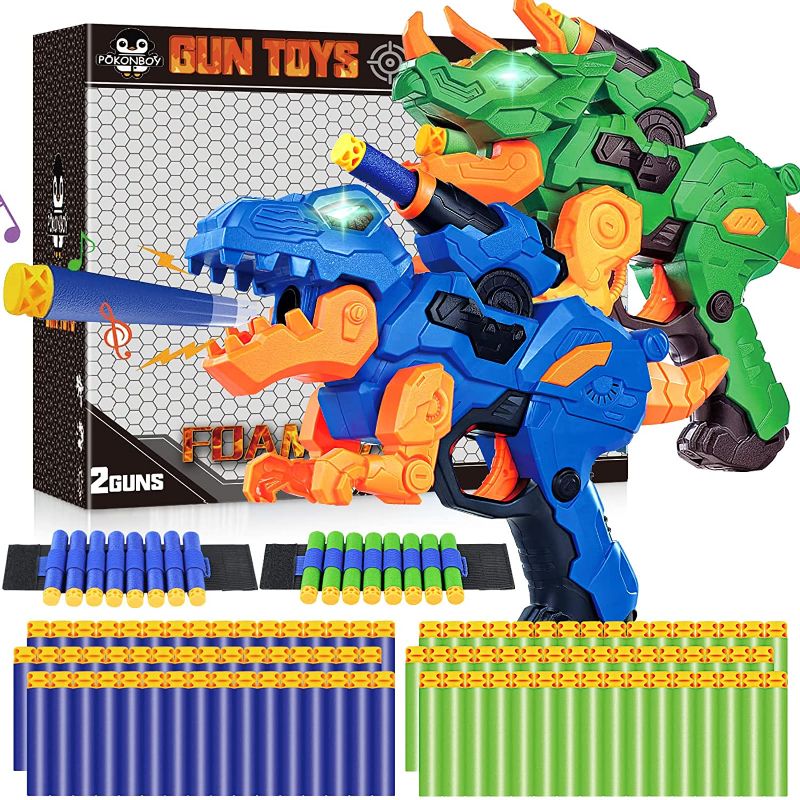 Photo 1 of POKONBOY 2 Pack Dinosaur Blaster Toy Guns for Boys Fit for Nerf Bullets, Kids LED Transforming Gun Toys with 100 Foam Bullets 2 Wristbands Birthday for 6 7 8 9 Year Old Boys Girls