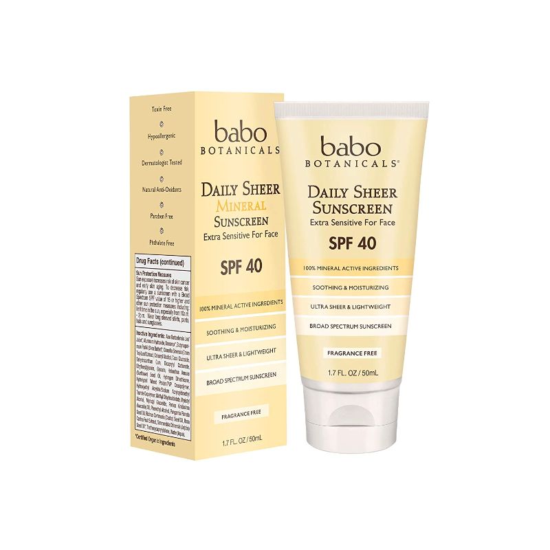 Photo 1 of Babo Botanicals Daily Sheer Mineral Face Sunscreen Lotion SPF 40, Non-Greasy, Fragrance-Free, Vegan, For Babies, Kids or Sensitive Skin - 1.7 oz.