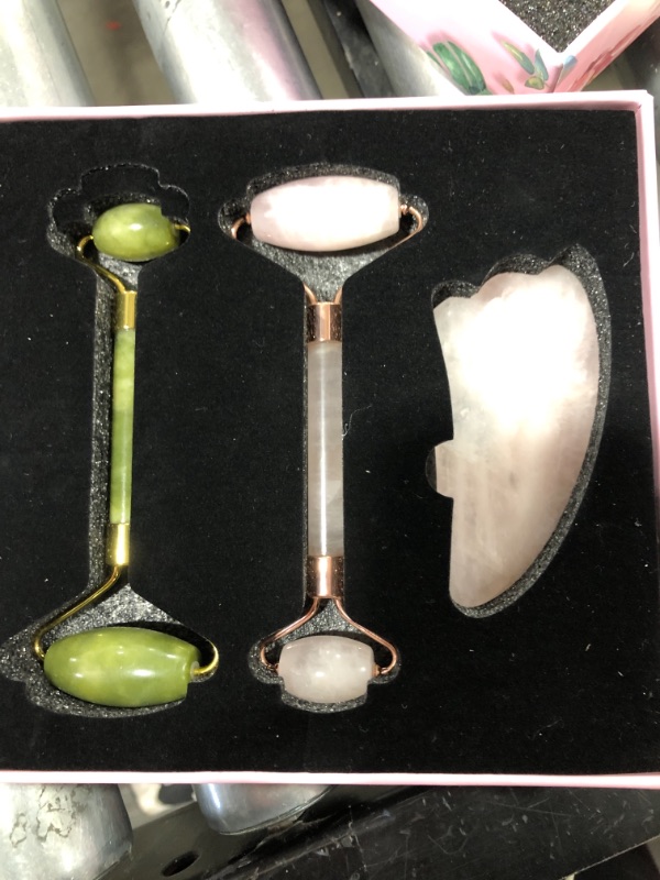 Photo 1 of 100% Nature Jade Roller Rose Quartz Roller and Gua Sha | 3-In-1 Stone Face Massager kit