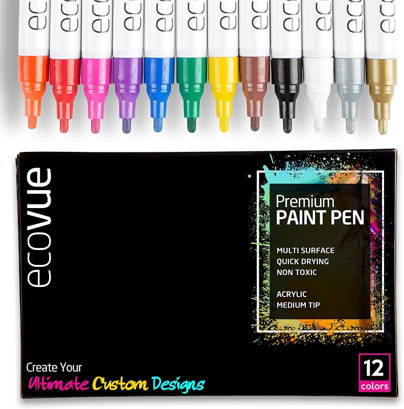 Photo 1 of Acrylic Paint Pen Markers Medium Tip in 12 Vivid Fast Drying Colors For Glass, Wood, Mugs, Rock, Metal, Clay