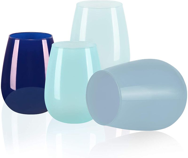 Photo 1 of Colored Stemless Wine Glasses Set of 4, 15 Oz Wine Glass for Men Women Families Friends Yourself - Ideal for Party Gathering Wedding Birthday Ceremony (Cyan, Light Blue, Gray, Navy Blue)