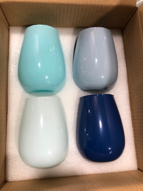 Photo 2 of Colored Stemless Wine Glasses Set of 4, 15 Oz Wine Glass for Men Women Families Friends Yourself - Ideal for Party Gathering Wedding Birthday Ceremony (Cyan, Light Blue, Gray, Navy Blue)