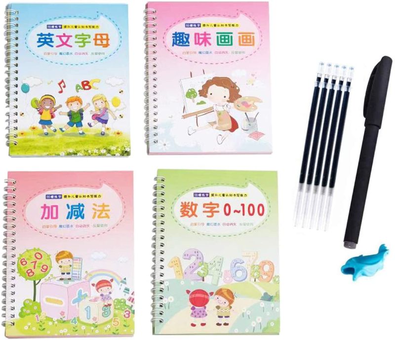 Photo 1 of 4 PCS Reusable Magic Exercise Copybook, Magic Calligraphy That Can Be Reused Handwriting Copybook Set Tracing Book for Kids