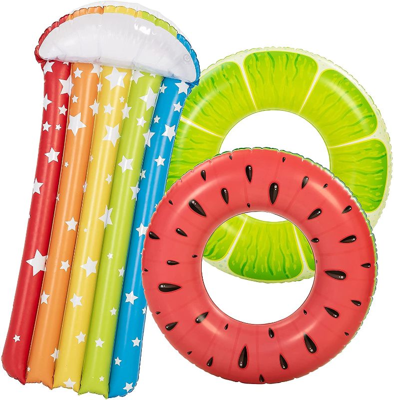Photo 1 of Inflatable Pool Floats Fruit Pool Tubes,Swimming Rings Rainbow Float Board, Pool Toys for Kids and Adults for Beach Swimming Pool Summer Water Party(3 Pack)
