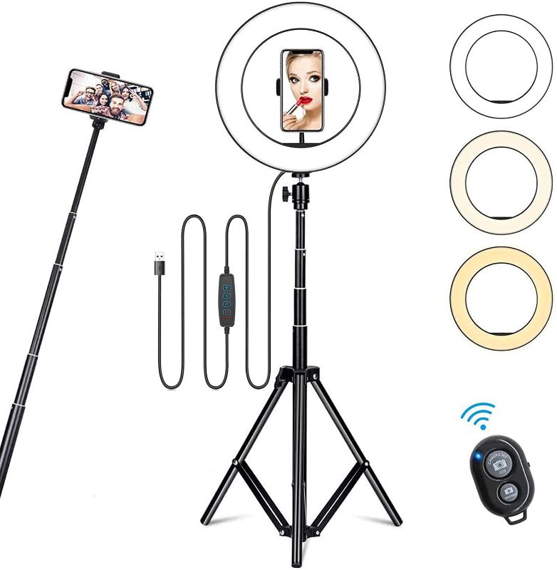 Photo 1 of 10" Selfie Ring Light with Tripod Stand & Cell Phone Holder for Live Stream/Makeup, Dimmable Led Camera Ring Light for YouTube Video/Photography Compatible with iPhone & Android Phones (Upgraded)
