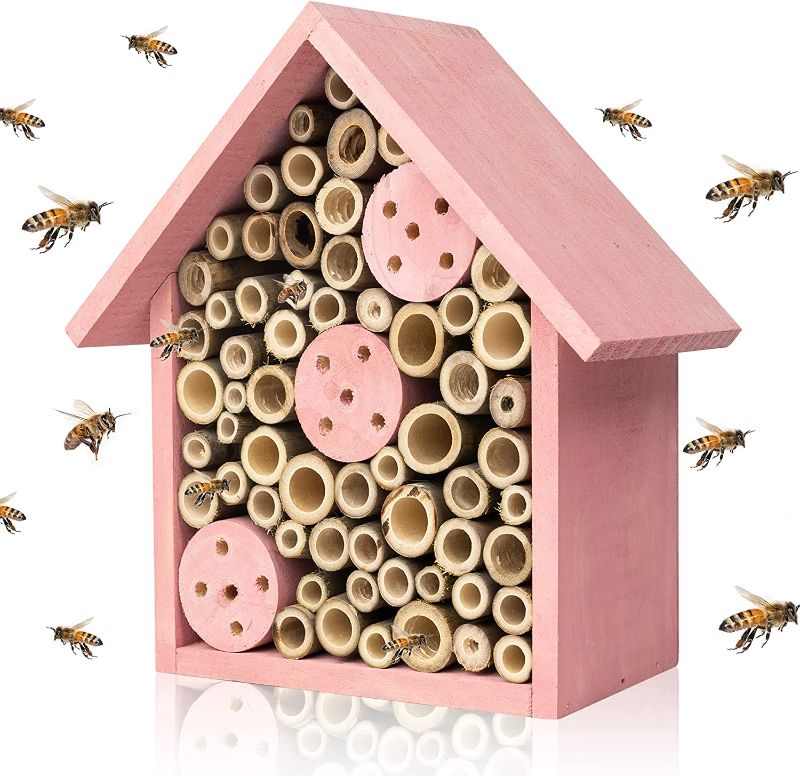 Photo 1 of NEROSUN Mason Bee Houses for The Garden, Wooden Bee Hive, Hanging Insect Hotels for Pollinator Bees, Ladybugs, Carpenter Bee House (Pink)
