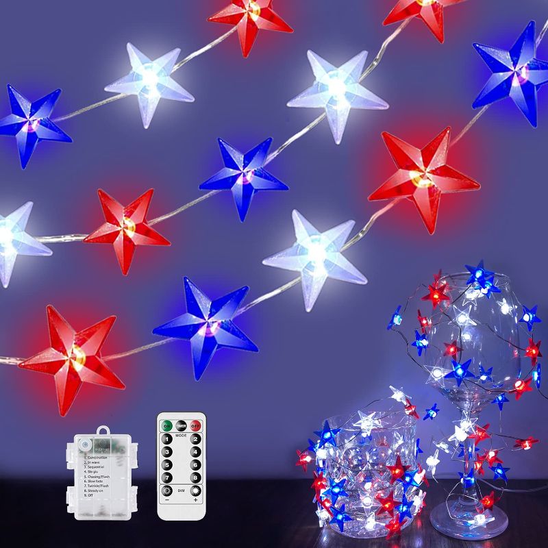 Photo 1 of 10Ft 40Led Patriotic Decor Star String Lights, 4th of July Red White Blue Star Lights American Flag Decorations Labor Day Memorial Day Independence Day Party Supplies Battery Operated with Remote
