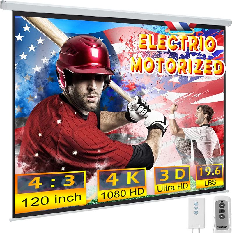 Photo 1 of YODOLLA 120inch Motorized Projection Screen, 4:3 4K 3D HD Electric Projector Screen, Wall/Ceiling Mounted White Projection Screen with Two Remote Controls for Indoor & Outdoor Use