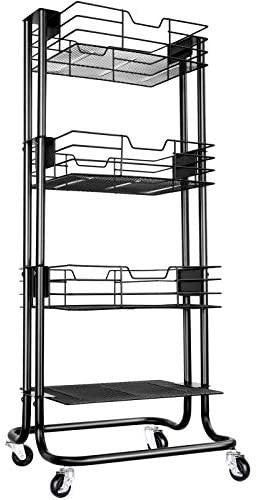Photo 1 of 4-Tier Rolling Kitchen Cart, Large Metal Utility Storage Organizer Cart with Lockable Wheels, 3 Mesh Baskets 1 Panel Net, Multi-Functional Craft Makeup Trolley Cart for Kitchen, Bathroom, Office
