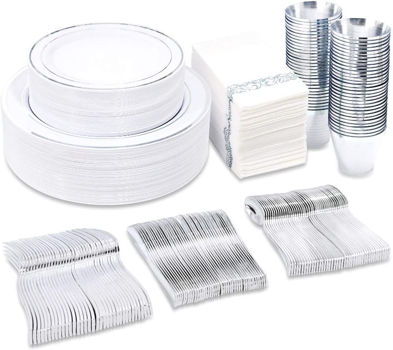 Photo 1 of BUCLA 350PCS Silver Plastic Plates With Disposable Plastic Silverware&Napkins- Silver Rim Plastic Dinnerware Include 50Dinner Plates/ 50Dessert Plates/ 50Forks/ 50Knives/ 50Spoons/ 50Cups/ 50Napkins
