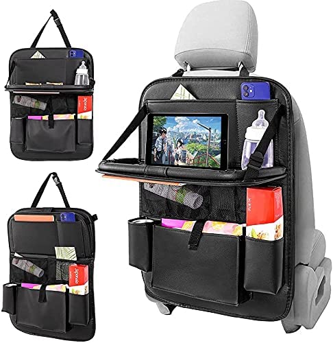 Photo 1 of Car BackSeat Organizer with Table Tray for PU Leather Foldable Dining Table Desk Back Seat Tablet Ipad Holder Tissue Storage Bag Pockets for Kids Travel Travel Accessories Organizer 1 PACK